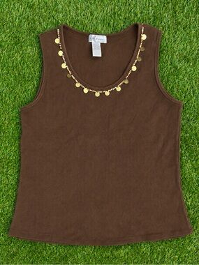 KIKIT Studio Brown Scoop Neck Tank with Gold Coin Trim Large